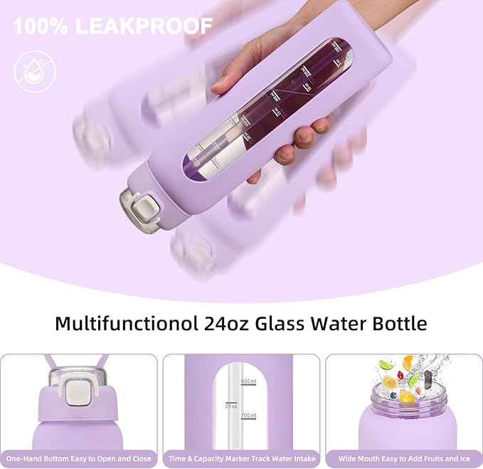 24 oz Glass Water Bottles with 2 Lids-Handle Spout Lid & Straw Lid, Motivational Water Bottle with Time Marker and Silicone Sleeve,Leakproof-Purple-1 Pack