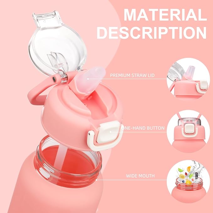 32 oz Glass Water Bottles with 2 Lids-Handle Spout Lid & Straw Lid, 1 Liter Motivational Borosilicate Water Bottle with Time Marker and Silicone Sleeve,Leakproof-Pink-1 Pack
