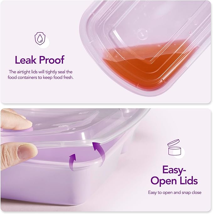 Glotoch 50 Pack Purple Meal Prep Containers Reusable 2 Compartments, Glotoch 32OZ to Go Containers for Food, Disposable Plastic Food Containers with Lids for Microwave Dishwasher Freezer Safe