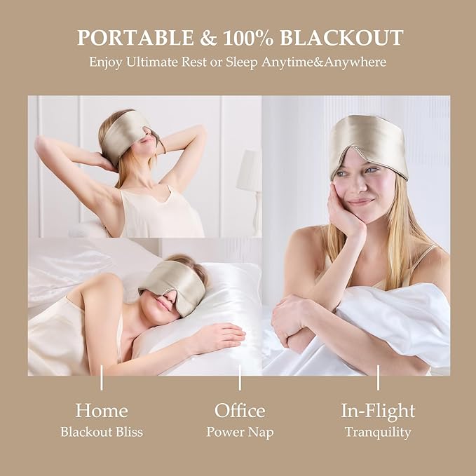 100% Mulberry Silk Sleep Mask, Large Size Travel Eye Masks for Side Sleepers, Adjustable Sleeping Mask for Women and Men, 100% Blackout Eye Mask for Sleeping Champagne