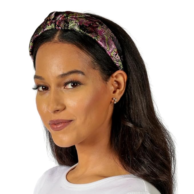 Knotted Headband for Women (Dark Purple Baroque), Wide Modern Knotted Black Satin Headband with Dark Purple Baroque Pattern