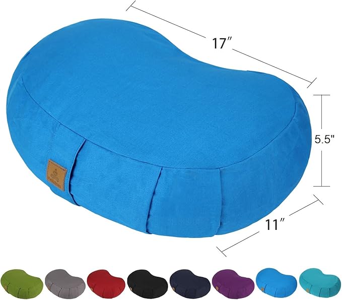 Crescent Zafu Meditation Pillow, D=17" W=11" H=5.5" Zabuton Yoga Bolster, Meditation Cushion, Floor Pouf Yoga Pillow Zippered Organic Cotton Cover Natural Buckwheat kneeling pillow - Large