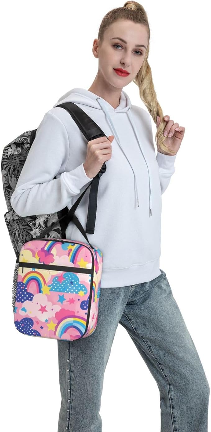Colorful Rainbow Print Insulated Lunch Box Gifts for Kids Adults Cute Pink Cloud and Polka Dot Design Reusable Portable Lunchbox Cooler Lunchbag for Work Picnic School Travel or Hiking