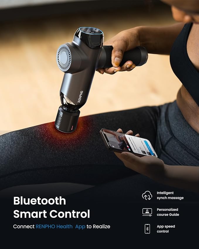 RENPHO Massage Gun Deep Tissue with Heat and Cold, Percussion Muscle Massage Gun Bluetooth with 12mm Amplitude, Handheld Massager Gun, Power+ Thermacool Grey
