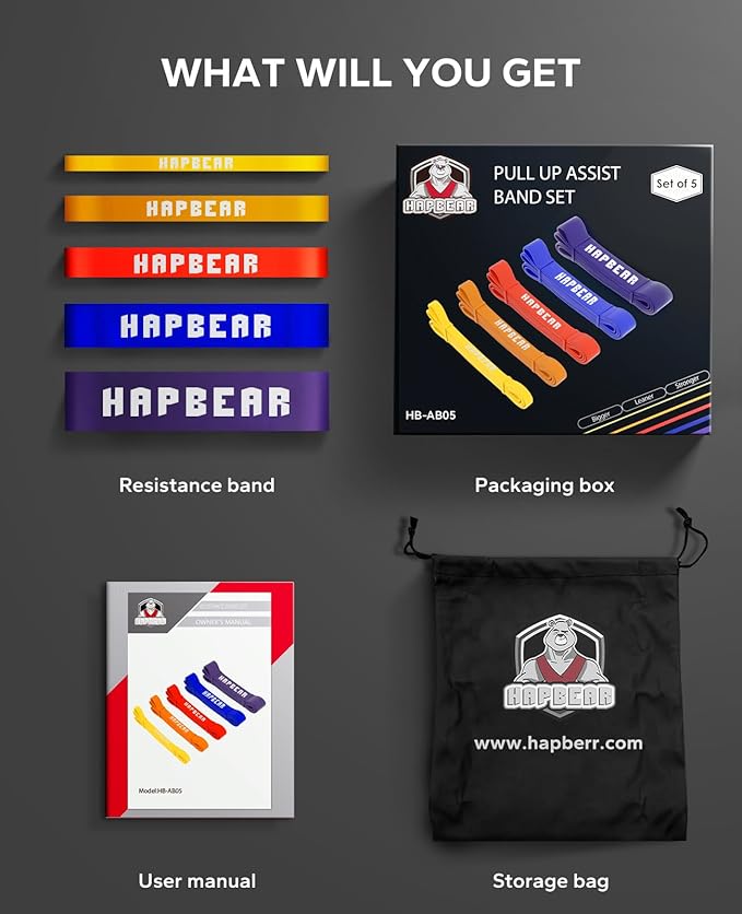 HAPBEAR Pull Up Assistance Bands Set of 5 - Resistance Bands for Working Out, Stretching, Physical Therapy, Muscle Training
