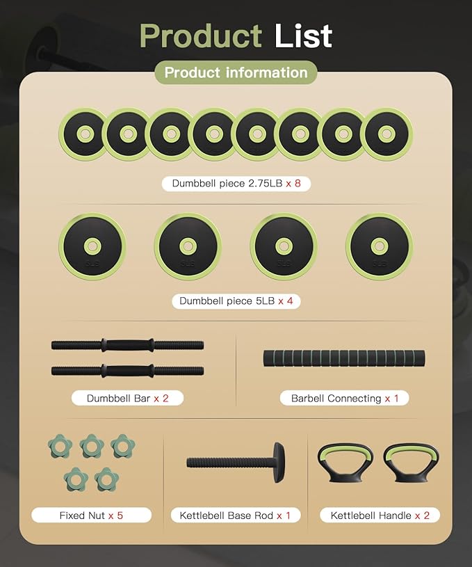 Adjustable Dumbbell Set 22/42/62LBS, 5-in-1 Free Weight Dumbbell Set Used as Dumbbell,Kettlebell,Barbell, Push-Up Stand,Weight Plate, Iron Sand Weights Set with Connector ,Fitness Exercises for Home Gym Suitable Men/Women