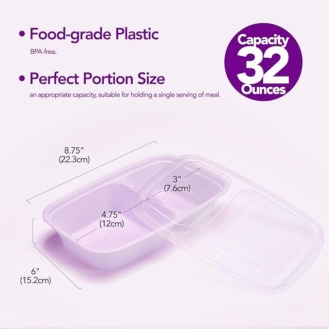 Glotoch 50 Pack Purple Meal Prep Containers Reusable 2 Compartments, Glotoch 32OZ to Go Containers for Food, Disposable Plastic Food Containers with Lids for Microwave Dishwasher Freezer Safe