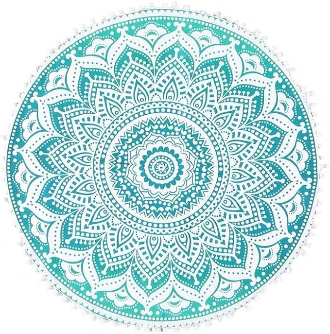 Eyes of India - 32" Green White Round Colorful Floor Patchwork Pillow Cover Meditation Cushion Seating Throw Mandala Hippie Bohemian Accent Boho Chic Dog Bed Indian Handmade Cover ONLY