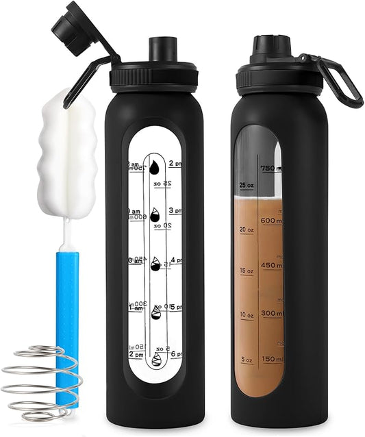 Glass Shaker Bottle 34oz/1L Black Glass Protein Shaker Bottle With Shaker Ball Large Shaker Bottles for Protein Mixes Portable Powder Mixer Blender Water Bottle for Gym Workout Sports