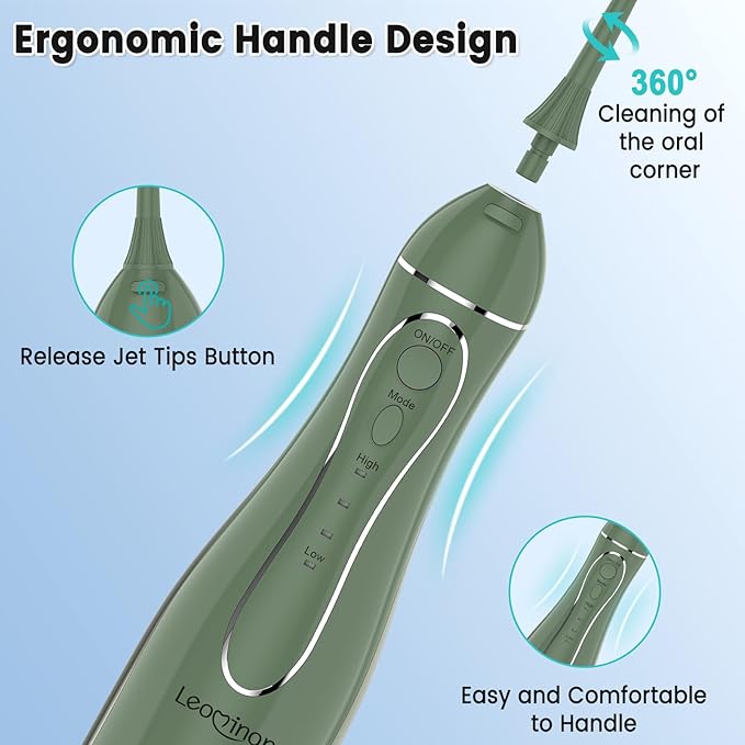 Leominor Water Dental Flosser Pick for Teeth, 300ML Portable Oral Irrigator Upgraded Tank Removable,IPX7 Waterproof, Rechargeable Travel Teeth Cleaner, Professional Electric Flossing Machine(O-Green)