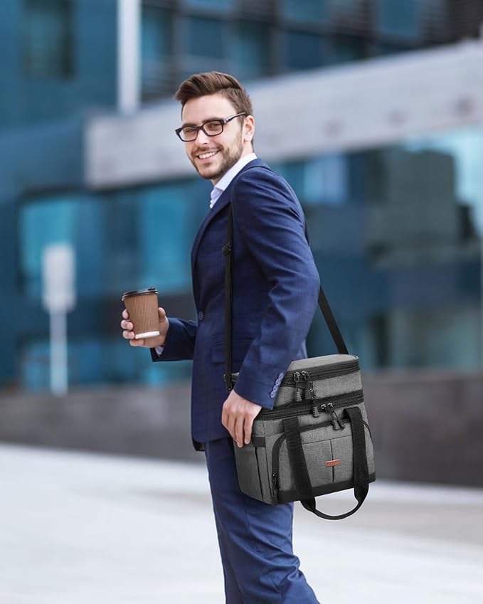 Lunch Box For Men Women Double Deck Insulated Lunch Bag For Men Woman Leakproof Expandable Cooler Bag with Adjustable Shoulder Strap for Work Picnic School(Gray,Medium)