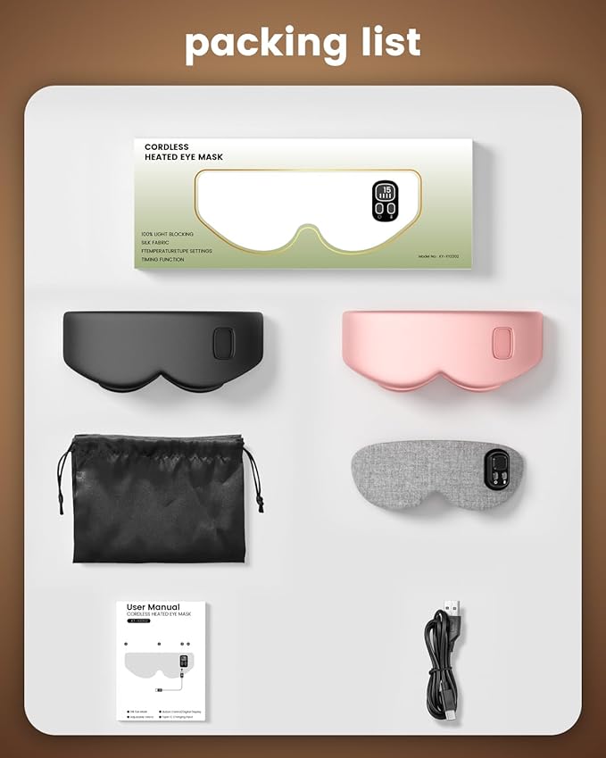 Heated Eye Mask - Cordless Eye Mask for Dry Eyes |4 Heating Levels |Timer Shutoff Functions|Washable Dry Eye Relief|1500mAh|Sleep & Travel Essential|Silk Fabric