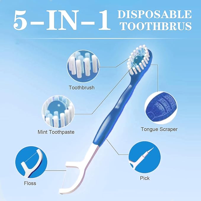 26Pack 5 in 1 Toothbrush & Floss,5 in 1 mini Toothbrush & Floss & Tongue Scraper & Toothpick Set,Disposable Toothbrushes with Toothpaste, Portable Oral Care for Travel Work (1bag) (1 Bag)