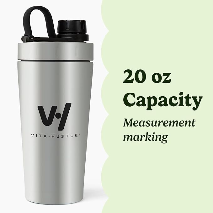VitaHustle Stainless Steel Shaker Cup with Twist Cap, Leakproof, Mixing Ball, Perfect for Protein Shakes or Post Workout, Fits Car Cup Holder, BPA Free, 20 oz (Silver)