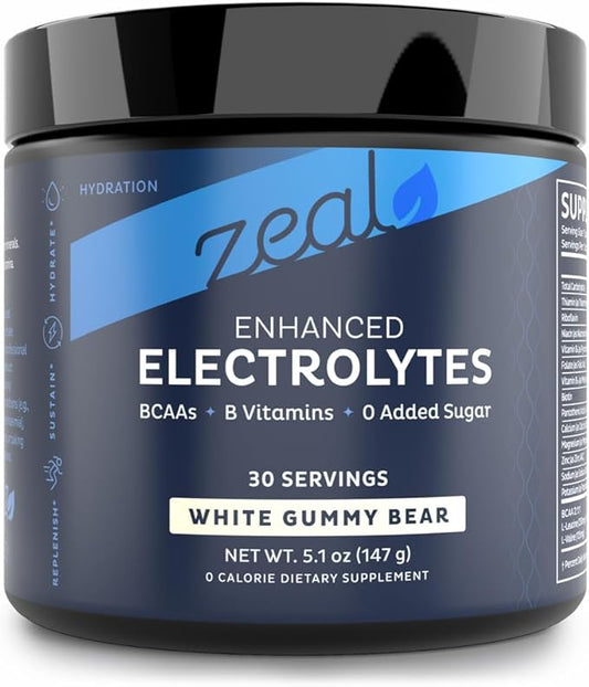 Zeal Electrolyte Powder Recovery Drink (30 Servings | White Gummy Bear) w 0 Sugar +BCAAs +B-Vitamins Electrolyte Supplement w Potassium Zinc & Magnesium for Hydration - Keto Electrolytes