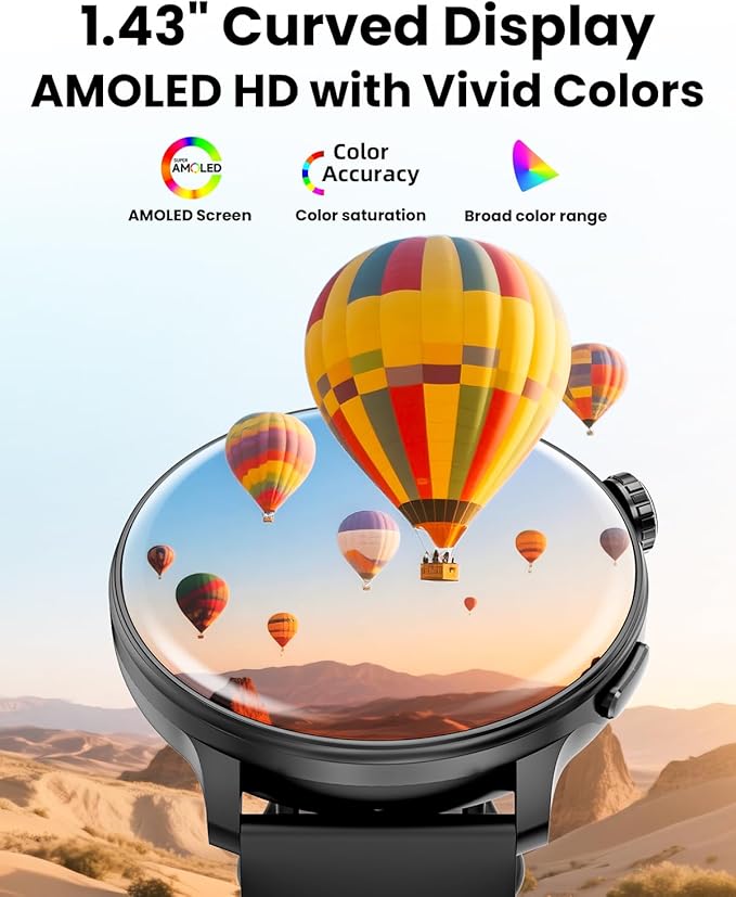 Smart Watch GPS, 1.43" AMOLED Screen Smart Watch for Men/Women Fitness Tracker, Military Smartwatches Compass,Compatible with Android & iOS (Bluetooth Call Answer/Dial), Multiple Sports Modes