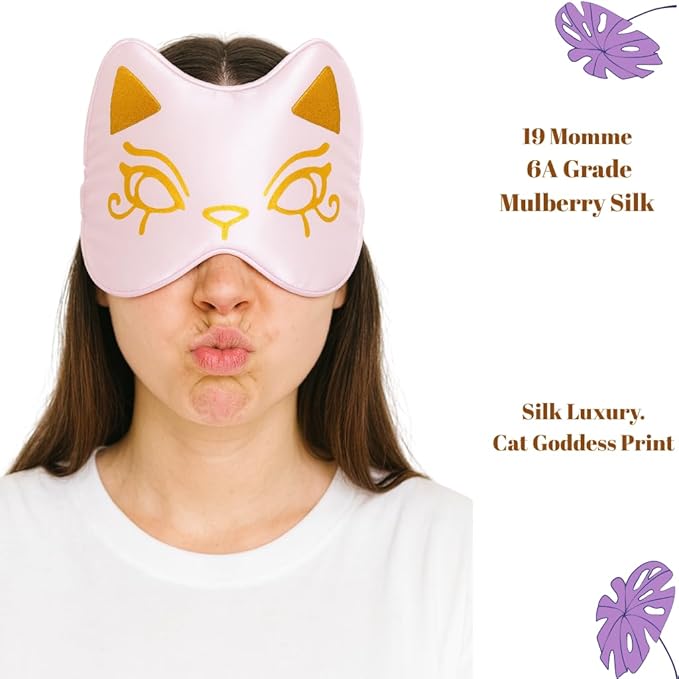 Silk Sleep Mask Blindfold Eye Mask for Sleep Cute Cat Print Embroidered Eye Cover Adjustable Oversized Egyptian Bastet with Gift Box&Pouch(Hathor Blush-Elastic Strap)
