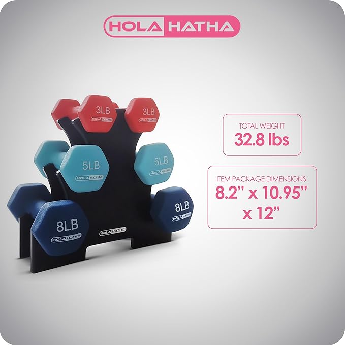 HolaHatha 2, 3, 5, 8, and 10 Pound Neoprene Dumbbell Free Hand Weight Set with Rack, Ideal for Home Exercises to Gain Tone and Definition, Pastel