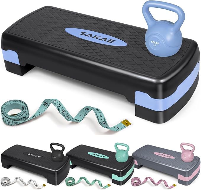 SAKAE Step Aerobics Platform Set with Kettlebell & Measuring Tape, Aerobic Steppers for Exercise at Home, Adjustable Height 2 Level Risers Workout Step Trainer with Non-Slip Surface, Multiple Colors