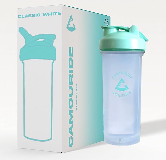 2 Pack 45 oz Protein Shaker Bottles with Wire Whisk – BPA-Free, Leak-Proof Shaker Cups for Protein Shakes & Smoothies – Large Plastic Mixer Bottle – Classic White Titan Turquoise
