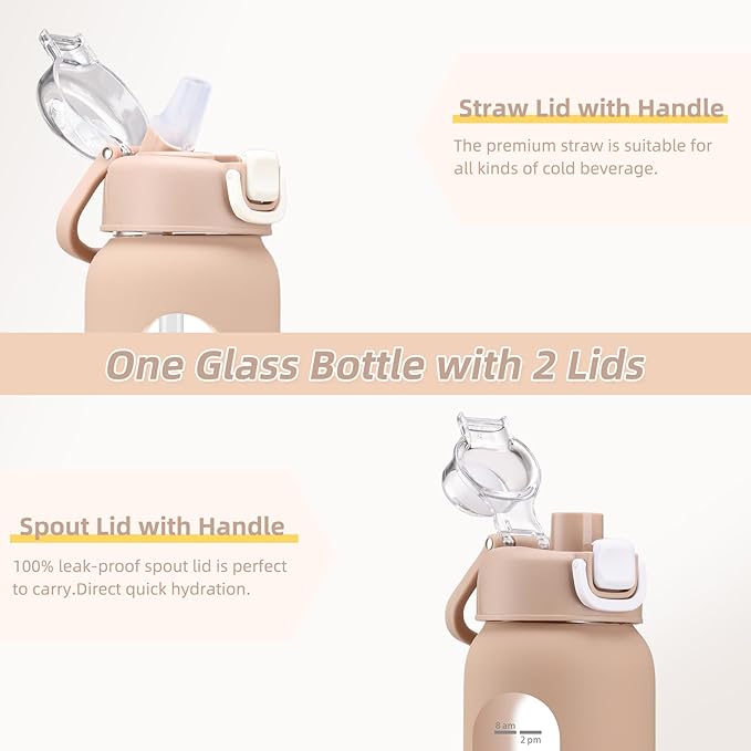 24 oz Glass Water Bottles with 2 Lids-Handle Spout Lid & Straw Lid, Motivational Water Bottle with Time Marker and Silicone Sleeve,Leakproof-Amber-1 Pack