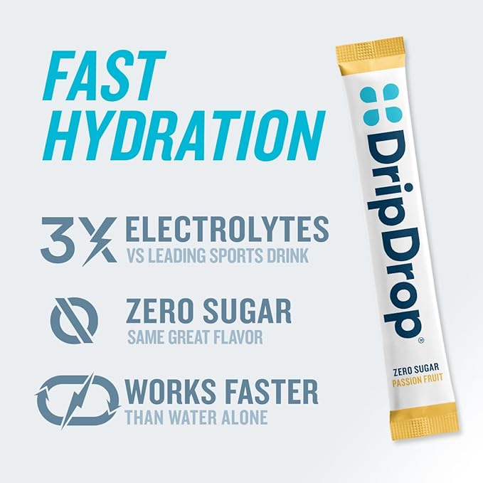 DripDrop Sugar Free Hydration Packets - Zero Passion Fruit - Single Serve Electrolytes Powder Drink Mix - Non-GMO, Gluten Free, Vegan - 32 Sticks