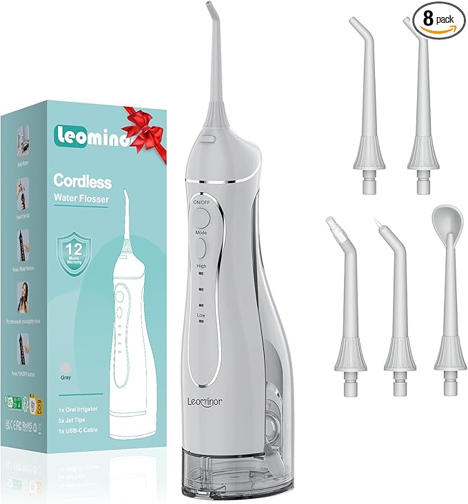Leominor Water Dental Flosser Pick for Teeth, 300ML Portable Oral Irrigator Upgraded Tank Removable,IPX7 Waterproof, Rechargeable Travel Teeth Cleaner, Professional Electric Flossing Machine (Gray)