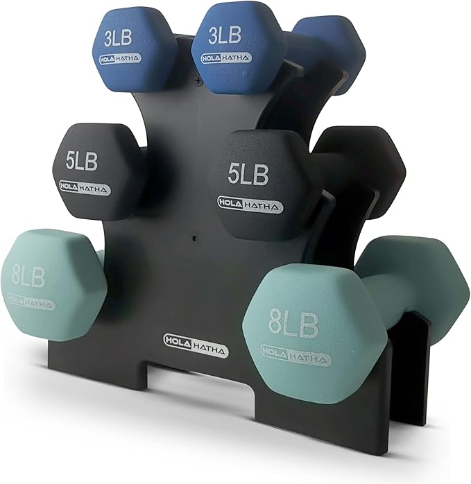 HolaHatha 2, 3, 5, 8, and 10 Pound Neoprene Dumbbell Free Hand Weight Set with Rack, Ideal for Home Exercises to Gain Tone and Definition, Pastel