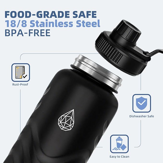 32oz Stainless Steel Insulated Water Bottle, 48H Cold & 24H Hot, Leak-Proof Wide Mouth Lids (Straw & Spout), BPA-Free Bottles, Mens Water Bottle for Gym, Hiking, Travel - Black