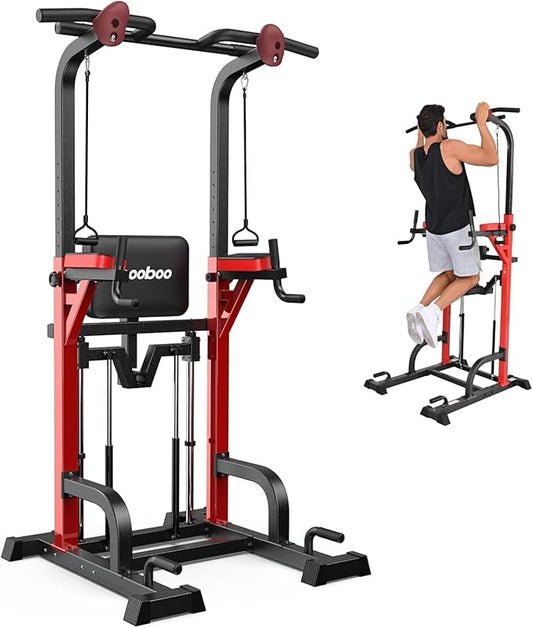 Pooboo Power Tower Dip Station Pull Up Bar for Fitness Home Gym Workout,Multi-Function Adjustable Height Fitness Strength Training Exercise Equipment,with Power Elastic Ropes