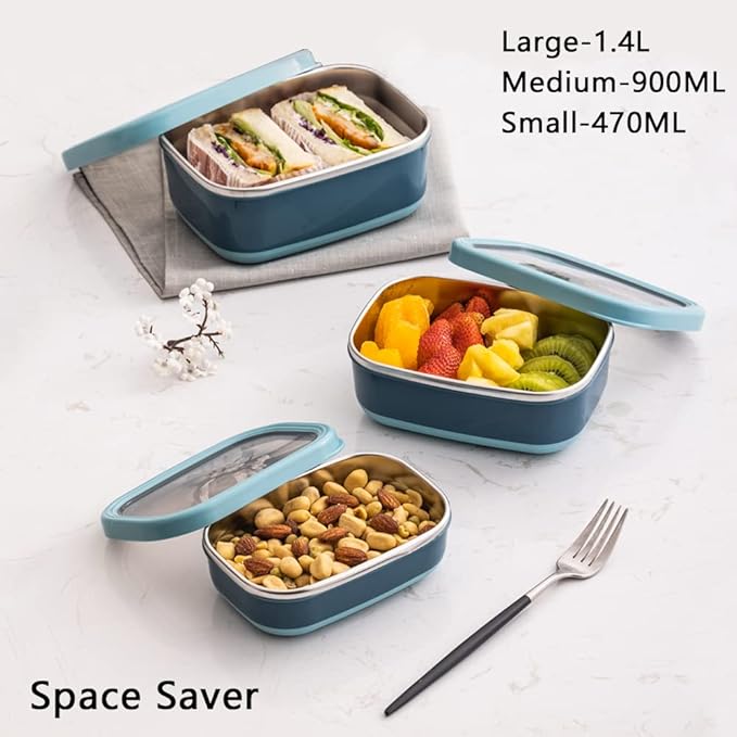 Lille Home Leak Proof Steel Food Containers - Snack Stainless Steel Containers - Ideal for Educational Settings & Daycare - Nesting Trio with Silicone Lids - 47oz+30oz+16oz - Dark Blue