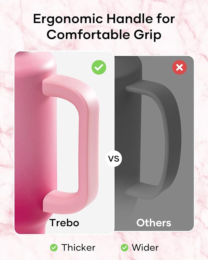 Trebo 40 oz Water Bottle Insulated with Handle, Leakproof Keep 24hrs Cold &Hot,Stainless Steel Travel Tumbler that Fits in Car Cup Holder with Straw Lids,Pink Reusable Water Bottles for women