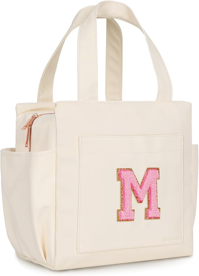 Joymee Leather Lunch Box Lunch Bag for Women Adult Insulated Reusable Leakproof Large Spacious Lunch Cooler Lunch Tote Bag with Bottle Holder and Side Pockets for Work Picnic Beach (Letter M)