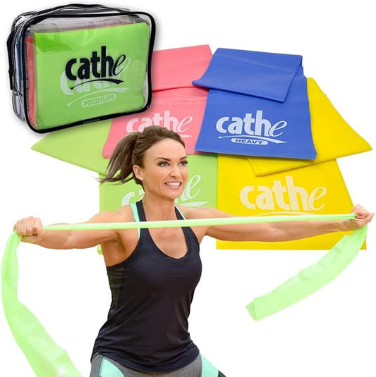Cathe TPE 6ft Elastic Stretch Resistance Bands Set • Latex Free Exercise Resistance Band Set of 4 Elastic Bands for Exercise with Travel Carry Case • Resistance Bands for Women and Men