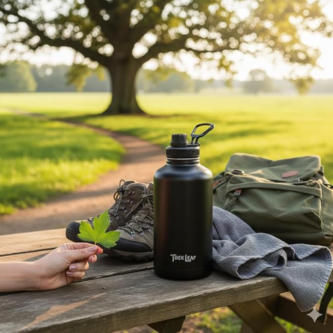 Travel Water Bottle with Carrying Bag, 3 Lids (Spout, Straw, Handle), and Bottle Brush; Leak Proof, Quality, Vacuum Insulated, Stainless Steel (Black, 64 oz)