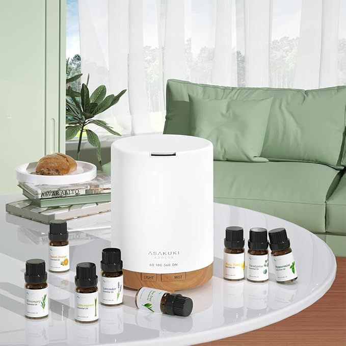 ASAKUKI Essential Oil Diffuser, Aromatherapy Cool Mist Home Humidifier with 7 LED Color Changing Light and Auto-Off Safety Switch, 8 Essential Oils Set, 300ml (Brown with Oils)