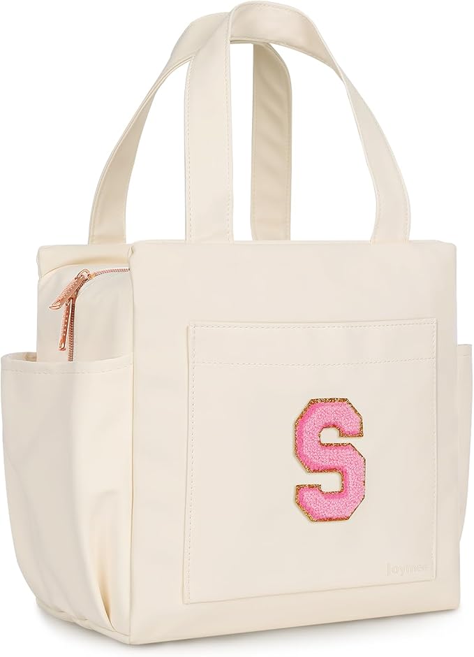 Joymee Leather Lunch Box Lunch Bag for Women Adult Insulated Reusable Leakproof Large Spacious Lunch Cooler Lunch Tote Bag with Bottle Holder and Side Pockets for Work Picnic Beach (Letter S)