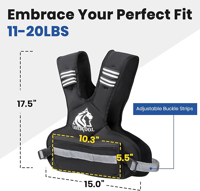 LIONSCOOL Weighted Vest for Men and Women, 4-10LB/11-20LB/20-32LB Adjustable Body Weight Vest with 6 Ironsand Weights & Reflective Stripes for Weight loss, Walking, Running, Cardio and Strength Training