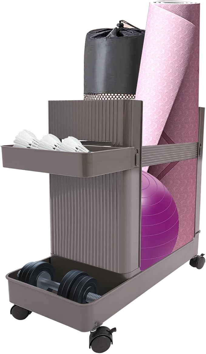 Weight Rack Stand with Wheels, ABS Workout Equipment Storage Rack with Tray, Yoga Mat, Dumbbells & Foam Rollers Storage Organizer, for Home, Hotel, Commercial Gym (Gray)