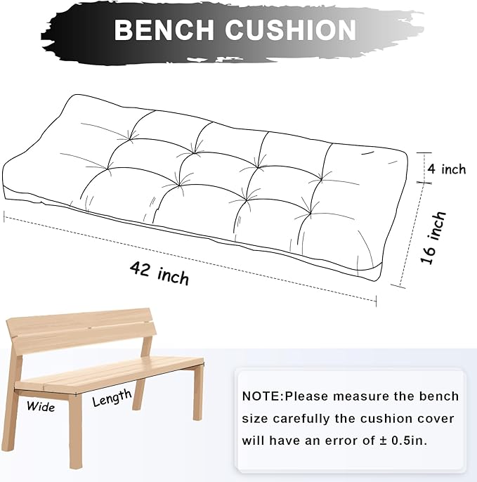 Bench Cushion 42 Inch - Chenille, High-Density Memory Foam, Non-Slip Bottom, Soft Durable Indoor Tufted Long Seat Cushion for Window Garden Furniture (Black, 42x16x4 Inch)