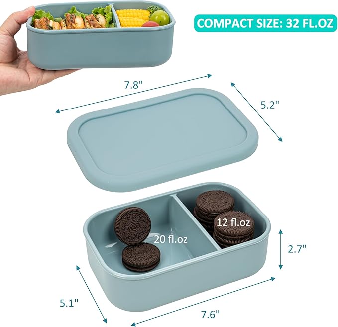 100% Silicone Bento Box Adult with 2 Compartments, 32oz, Reusable Divided Lunch Box Meal Prep Containers for Entree and Side Food Snack Storage, BPA-Free Plastic-Free, Microwave Dishwasher safe, Green