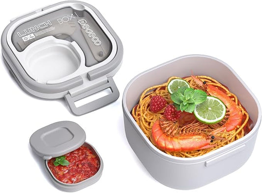 Bento Box for Adults & Kids – Single Compartment Lunch Box,Food Container,BPA-Free,Microwave & Dishwasher Safe with Removable Divider,Utensils & Sauce Jar-White