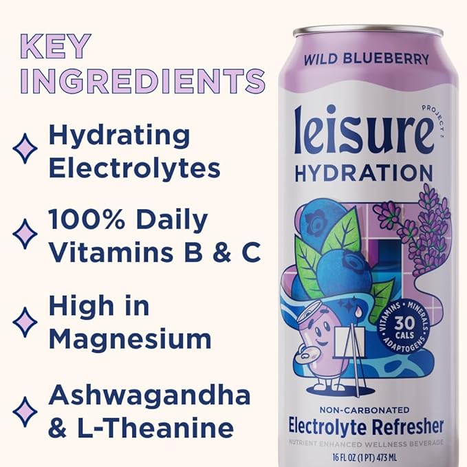 Leisure Hydration Non-Carbonated Electrolyte Refresher, Wild Blueberry Flavor - Low Sugar Nutrient Enhanced Water Beverage - Get The Best Hydration Packed w/ Magnesium & Ashwagandha For Mood & Stress Support, Non-GMO, 16 oz (12-Cans)