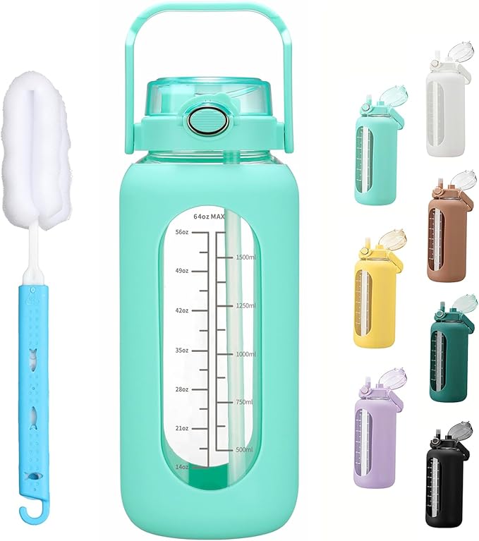 64oz Glass Water Bolttles with Straw Half Gallon Large Motivational Water Bottle with Time Marker Sports Water Bottles with Silicone Sleeve and Handle Lid Water Jug for Gym Workout