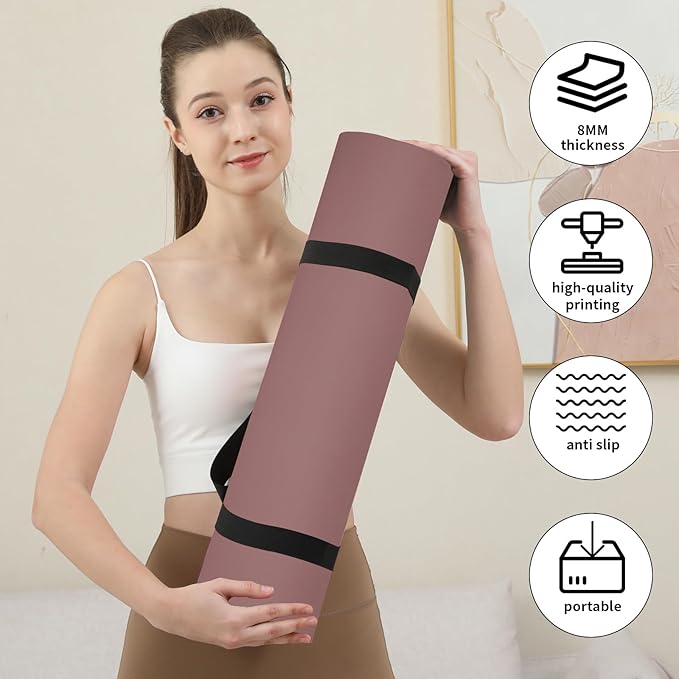 HAHE Yoga Mat Thick (8MM,1/3"), Eco-Friendly POE Non Slip Yoga Mat, High Rebound & Shock Absorption, Anti-Tear & Sweat-Resistant for Yoga, Fitness, Home, Workouts, Large Pilates Mats 72"x24" with Carrying Strap