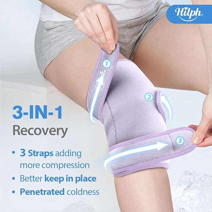 Hilph Large Hot & Cold Therapy Knee Ice Wrap with Dual Gel Packs & Adjustable Brace for Full Knee Coverage, Pain Relief for Replacement Surgery, Arthritis, ACL, Meniscus Tear, Women, Men Purple