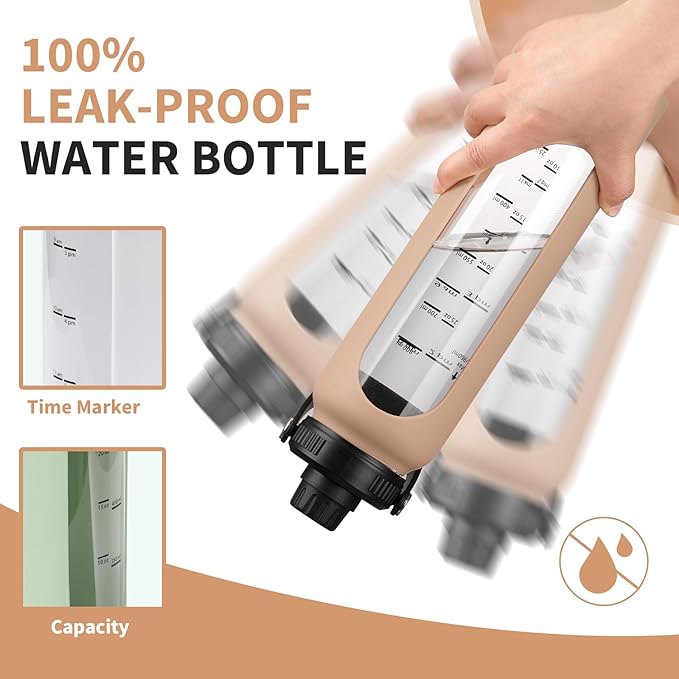 32 oz Glass Water Bottles with 2 Lids-Handle Spout Lid & Straw Lid 1 Liter Motivational Borosilicate Water Bottle with Silicone Sleeve and Time Marker,Leakproof