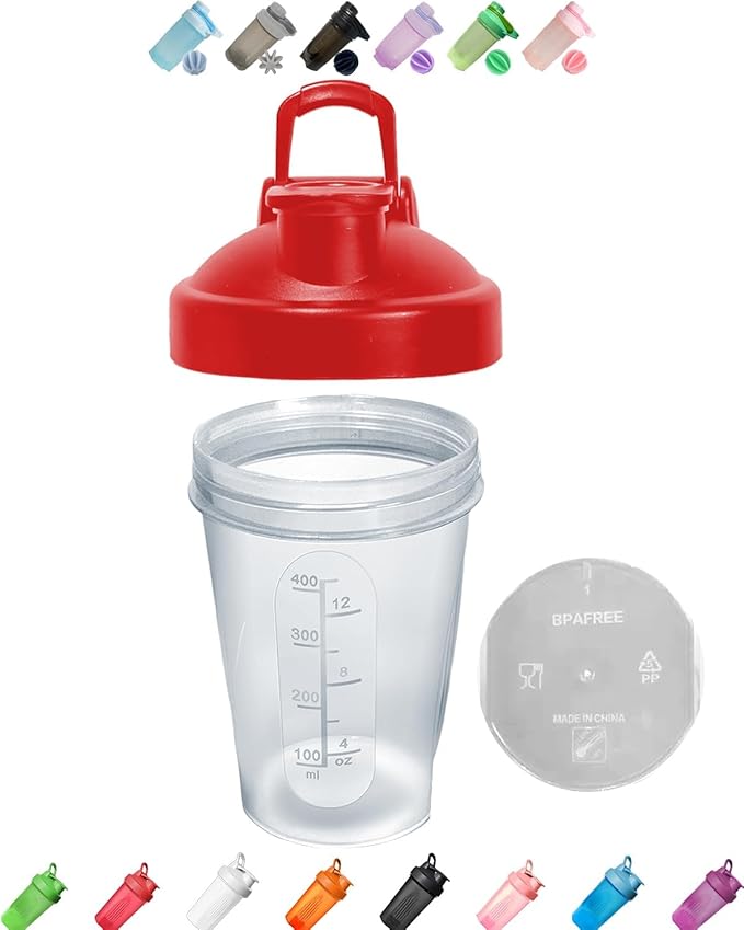 Shaker Bottle A Small Clear w. Red Lid,12Oz/400ml Measurement Marks & Stainless Whisk Blender Mixer Ball,BPA Free,Made of PP5,Perfect for Nutrition/Protein/Keto/Juice Powder Shaking, (WTL8U)