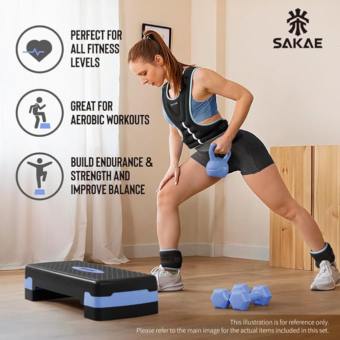 SAKAE Exercise Step Platform Set with Ankle Weights & Measuring Tape, Adjustable Height 2 Level Risers Workout Step Trainer, Aerobic Steppers for Home Gym Exercise Fitness Workout, Multiple Colors