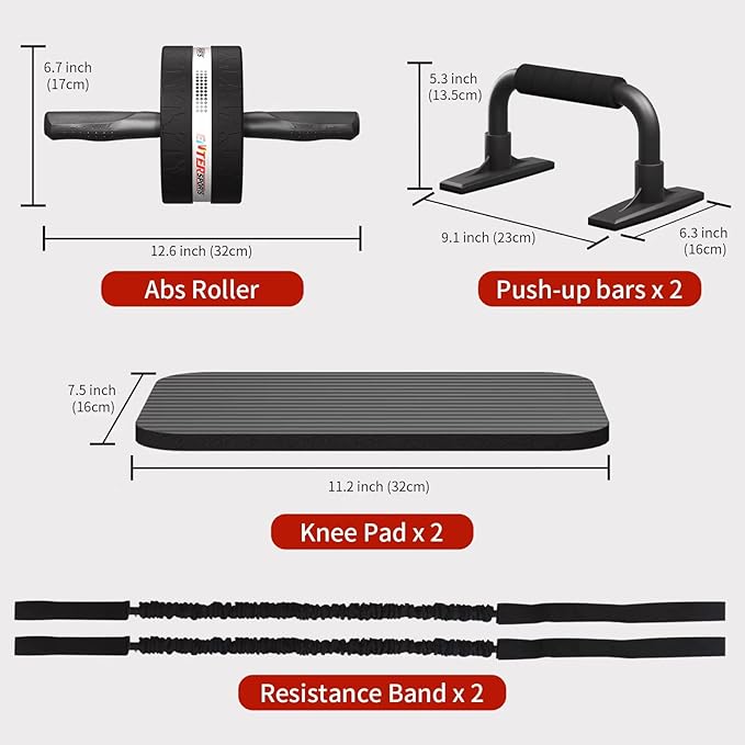 Ab Rollers Wheel Kit, Exercise Wheel Core Strength Training Abdominal Roller Set with Push Up Bars, Resistance Bands, Knee Mat Home Gym Fitness Equipment for Abs Workout